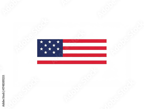 Minimal USA flag with simplified stars and stripes, flat vector style, red and blue tones, pure white background.