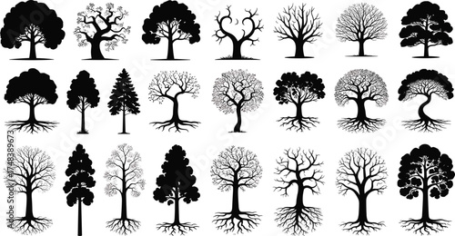 Collection of black tree silhouettes with roots, vector illustration of different tree shapes and branches for nature and design