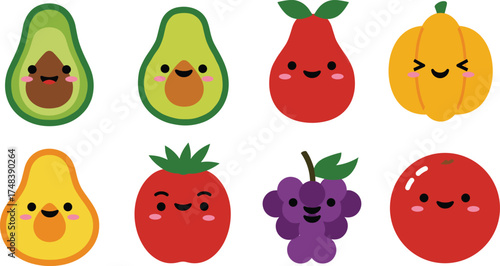 Cartoon fruits and vegetables, cute avocado, smiling pear, happy pumpkin, cheerful tomato, playful grapes, adorable apple, anthropomorphic food illustration, healthy eating design