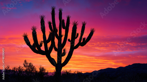 Serene saguaro cactus silhouette against vibrant and colorful sunset sky. This beautiful desert landscape in Arizona shows majestic and peaceful scene in nature
