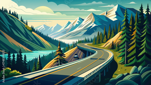 Very beautiful old road climbing Snoqualmie Pass along National Forest NF 58, vector-style illustration highlighting winding paths, evergreen forests, and nostalgic mountain scenery.