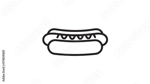 Simple outline illustration of a classic hot dog with mustard on a white background