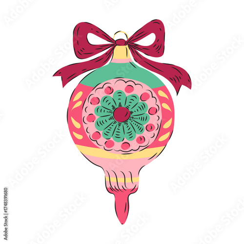 Christmas vintage ornament drawn by hand. Retro ball with bow isolated on white background. Classic shape for Christmas tree decoration. Red, pink, green, yellow color. Vector illustration.