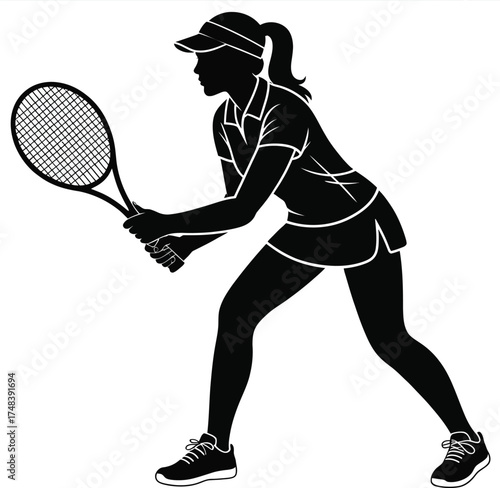 Female tennis player preparing to hit a forehand black silhouette on transparent background