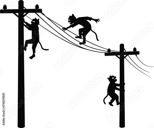 Monkey silhouettes climbing utility poles and balancing on power lines, urban wildlife behavior, playful mischief, danger, electricity hazard, dynamic animal interaction illustration