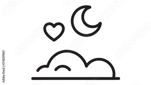 Dreamy night sky with a heart, moon, and soft cloud illustration
