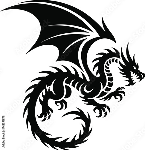 Detailed black dragon design with spread wings on transparent background silhouette
