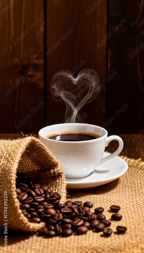 Fototapeta premium A steaming coffee cup forms a heart shape amid rustic beans on wood. 