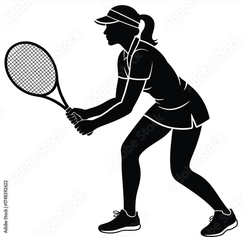 Female tennis player in action pose sporty silhouette on transparent background
