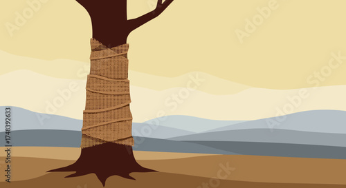 Tree trunk wrapped in burlap, protective mood, serene landscape illustrating sustainable tree care
