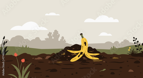 Banana peel in compost, playful mood, vibrant nature scene with soil and greenery