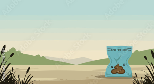 Eco-friendly dog poop bag, practical mood, outdoor scene with natural landscape and clean environment