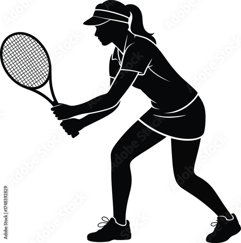 Female tennis player in action pose black and white silhouette on transparent background