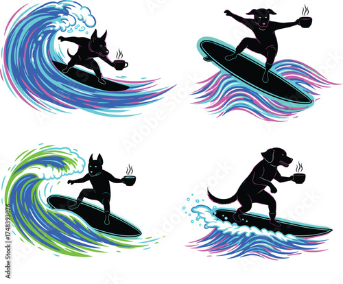 Playful cartoon dogs surfing colorful ocean waves holding hot coffee cups, humorous anthropomorphic animals, vibrant neon surfboards, whimsical lifestyle and fantasy illustration
