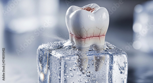 Realistic tooth model is frozen in an ice cube, with water droplets and condensation, symbolizing dental cold therapy or tooth sensitivity