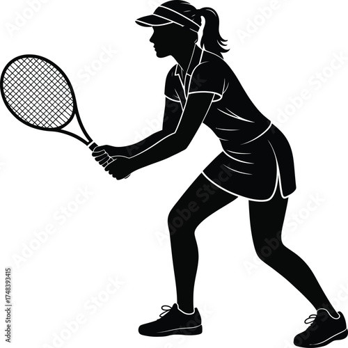 Female tennis player in action pose a striking black silhouette on transparent background