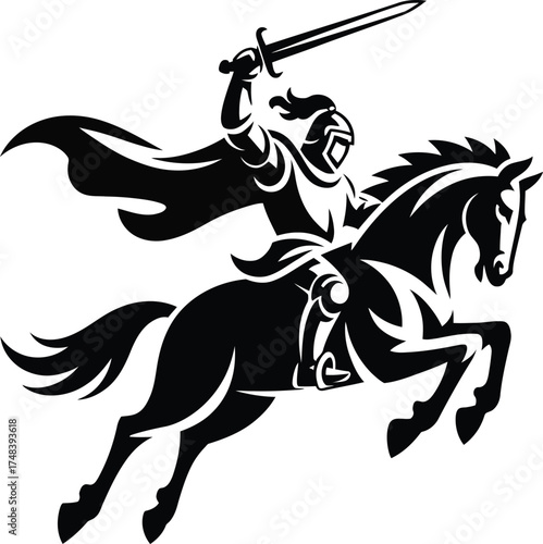 Medieval knight riding a horse with a sword black silhouette on transparent background