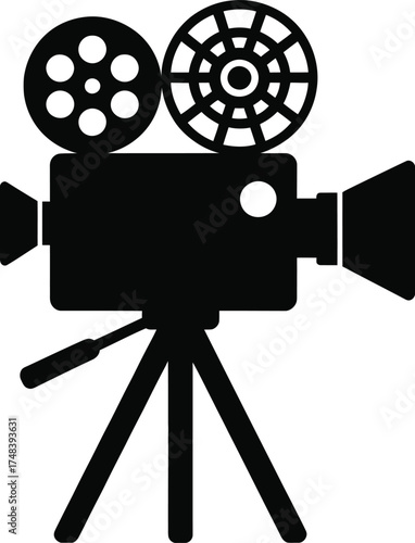 Vintage film camera icon with reels a classic silhouette on transparent background