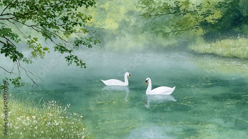Fototapeta Naklejka Na Ścianę i Meble -  Swans swimming gracefully in a serene pond highkey watercolor art tranquil nature scene