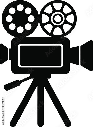 Vintage film camera with reels and tripod a striking silhouette on transparent background