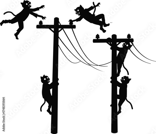 Playful monkey silhouettes climbing utility poles, hanging on electrical wires, leaping between structures, urban wildlife mischief, danger, curiosity, dynamic animal behavior illustration