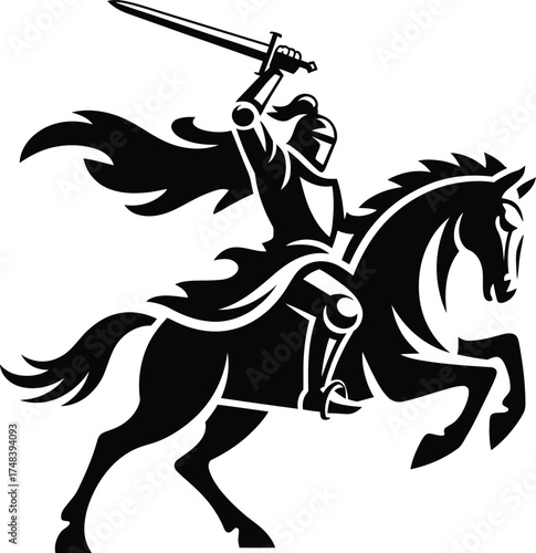 Charging knight on horseback with raised sword on transparent background silhouette