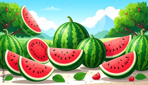 Watermelon slices in a summer landscape