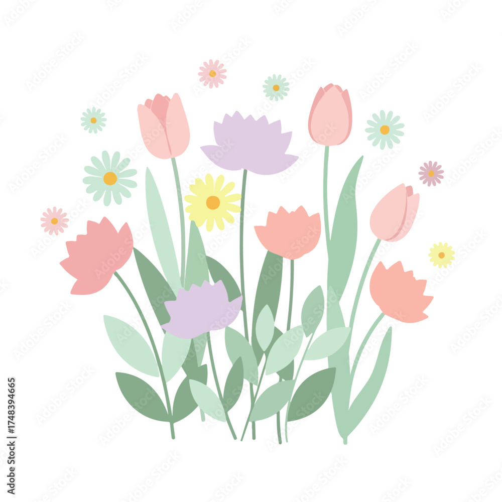 Obraz premium Pastel flower bouquet blooming gently on white surface, showcasing soft colors and delicate petals in a serene and peaceful composition.