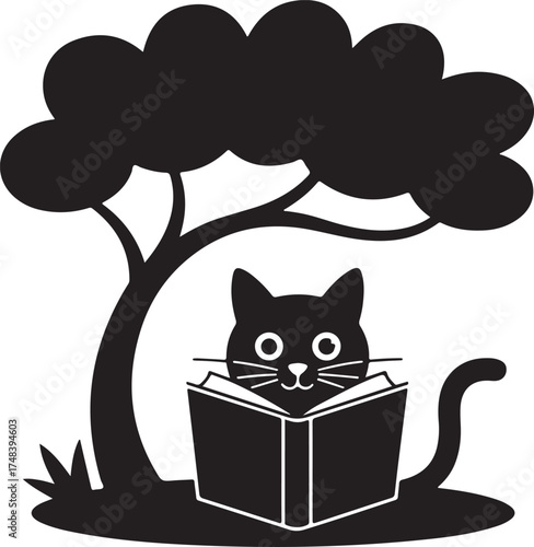 Cute black cat reading a book under a tree