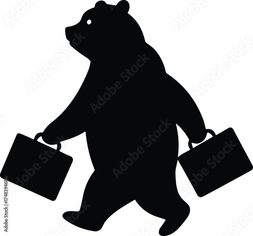 Silhouette bear walking upright with briefcases, funny business animal illustration, anthropomorphic character art, surreal concept, cartoon design, work theme
