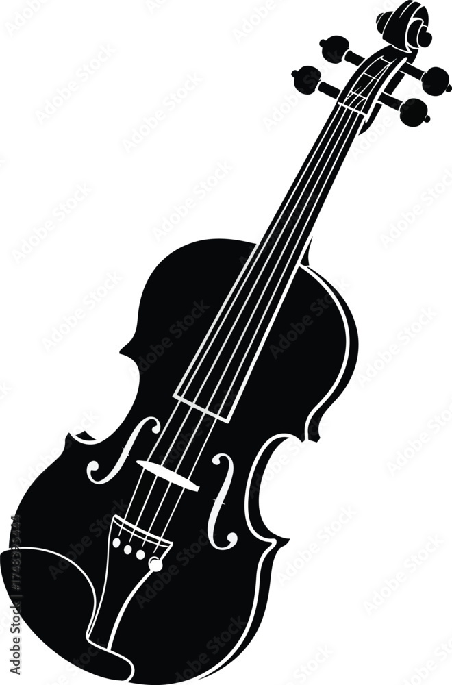 Naklejka premium Elegant black violin illustration with detailed string work on transparent background silhouette
