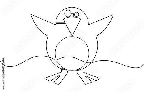 Penguin one continuous line art, Vector illustration.