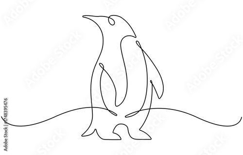 Penguin one continuous line art, Vector illustration.
