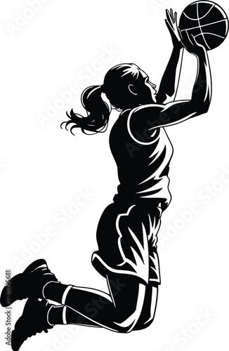 Female basketball player jumping to shoot dynamic pose on transparent background silhouette