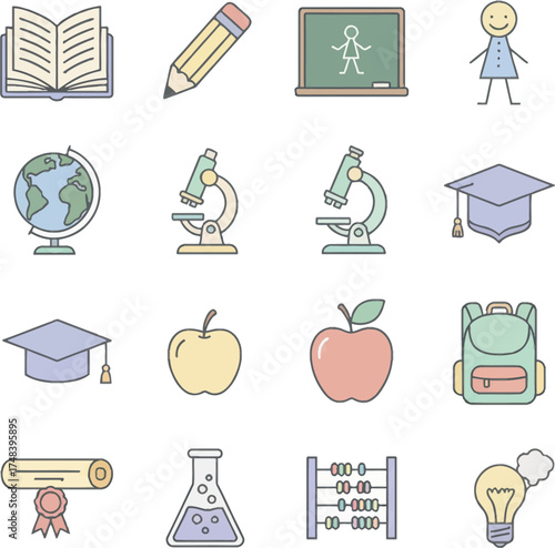 Classroom and school flat vector icons. Education and learning pastel design set. Student and academic modern illustration. Study and discovery flat icon. School and science colorful symbol pack