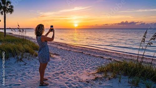 Woman capturing sunset photo on smartphone at beach