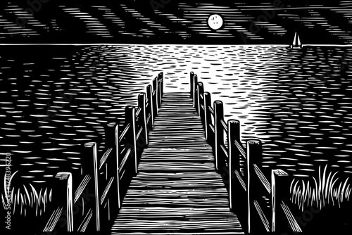 Lonely pier stretching into the sea at night black and white sketch, calm water reflecting soft moonlight and distant horizon