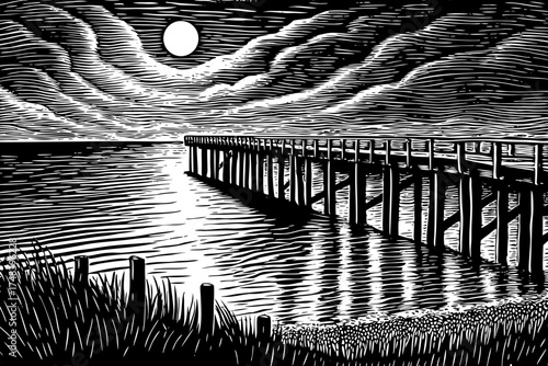 Lonely pier stretching into the sea at night black and white sketch, calm water reflecting soft moonlight and distant horizon