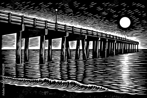 Lonely pier stretching into the sea at night black and white sketch, calm water reflecting soft moonlight and distant horizon
