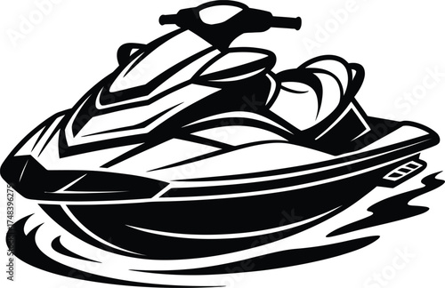 Black jet ski illustration with water splashes on transparent background silhouette