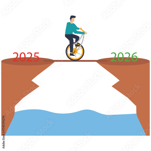 Brave man on unicycle dares to bridge the gap from 2025 to 2026 with skill and determination, a symbol of risk taking and overcoming challenges