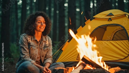 Smiling woman sitting by campfire near tent in forest
