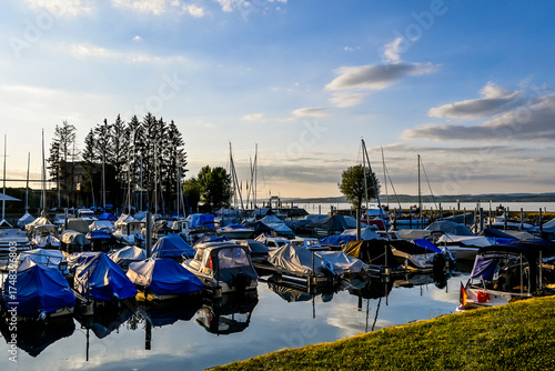 Güttingen, Bodensee, Seeufer, Seerundfahrt, Hafen, Schiffe, Boote, Bootssteg, Schilf, Wasservögel, Naturschutz, Uferweg, Wanderweg, Sommer, Abendstimmung, Ostschweiz, Thurgau, Schweiz