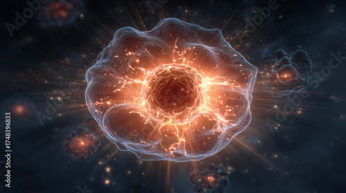 An infected cell sending out a glowing interferon alarm signal to warn neighboring cells of a viral threat.