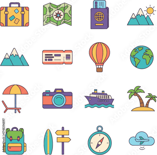 Travel icons set for vacation adventure concept