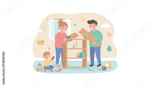 Family joyfully assembling furniture home DIY project and modern lifestyle with child