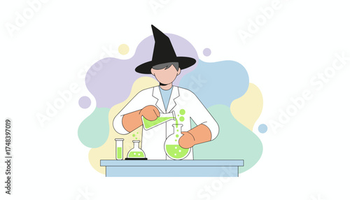 Whimsical scientist in witch hat conducting experiments with green liquids in laboratory glassware
