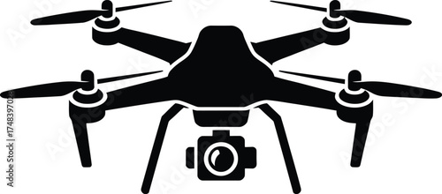 Black drone with four rotors and camera a sleek silhouette on transparent background