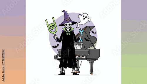 Halloween skeleton witch at a piano with ghost bats and tools Spooky music