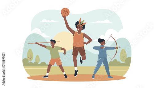 Diverse youth enjoying outdoor sports javelin basketball and archery for active lifestyles